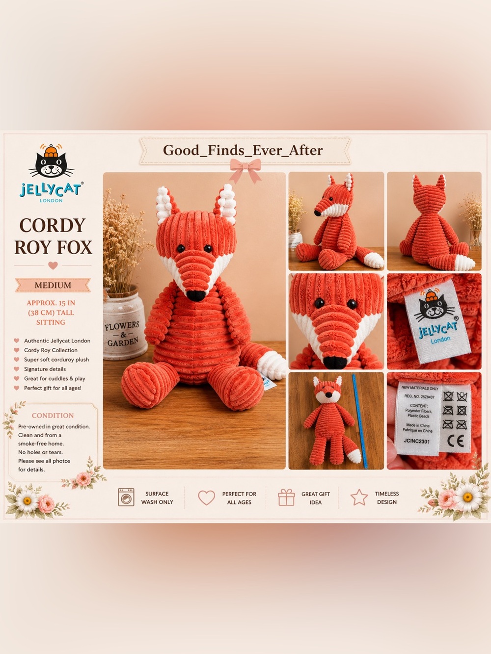 Jellycat London-Cordy Roy Fox Medium  Animal Coral Orange White Soft Toy Retired